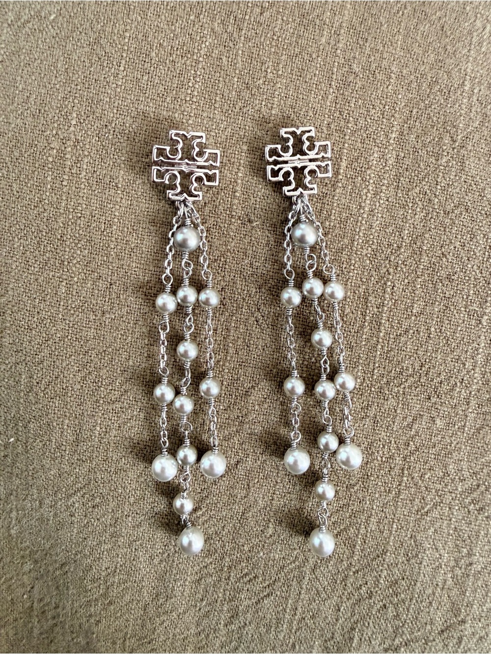 Tory Burch Silver-Tone Logo Pearl Cascade Earrings